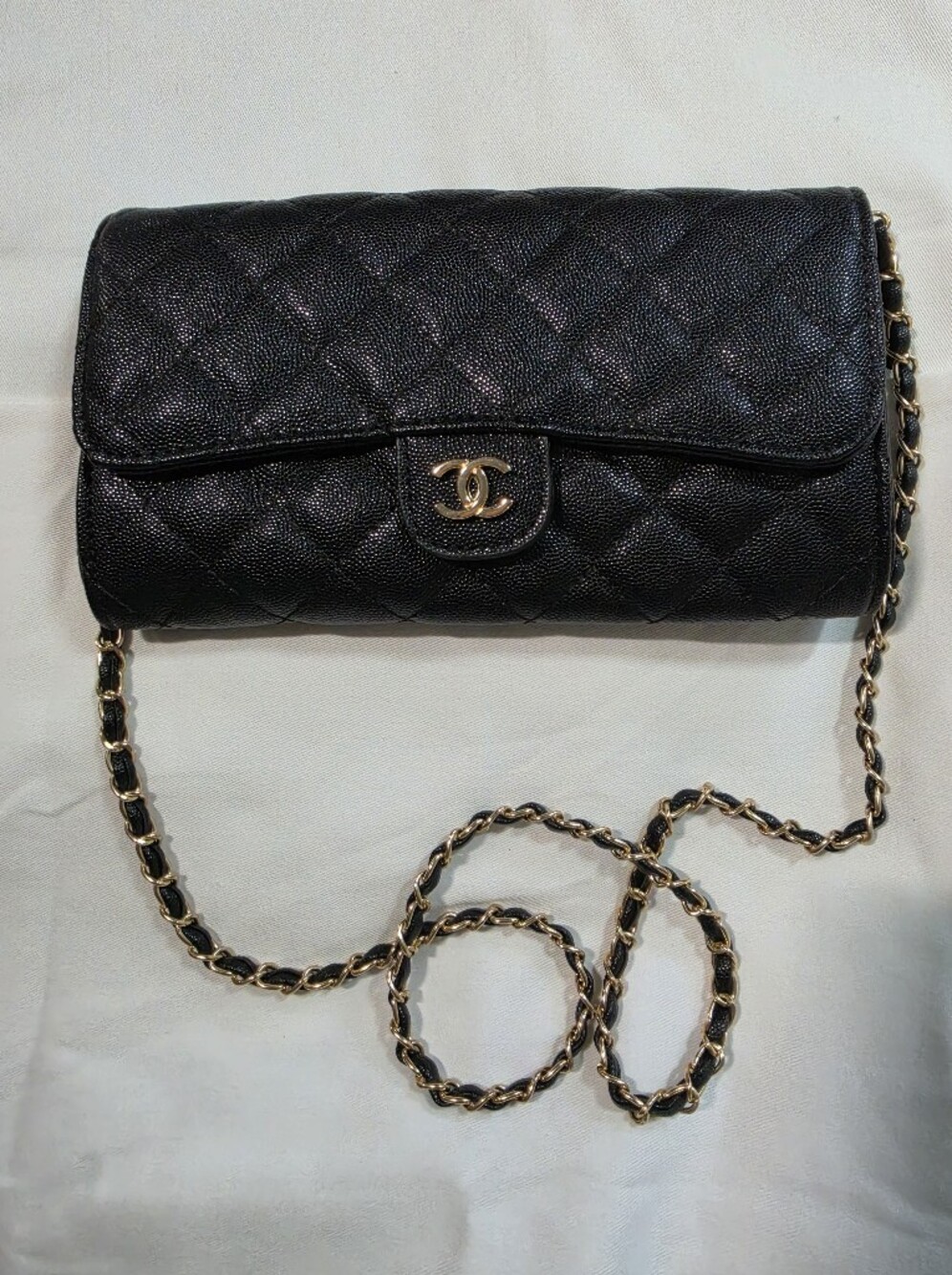Black Quilted Crossbody Wallet with Gold Chain Strap / Long Wallet.